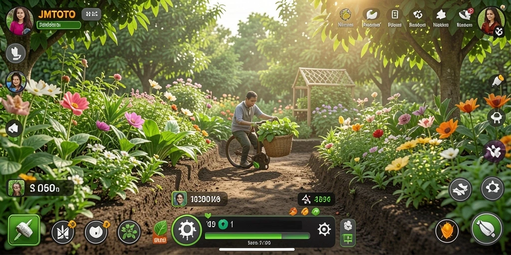 Tampilan gameplay JMTOTO dengan aktivitas berkebun yang seru dan interaksi antar petani.
